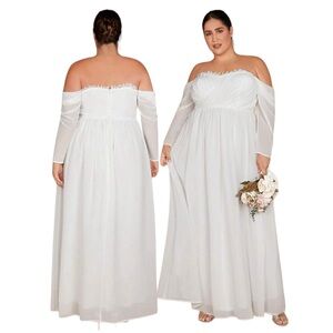 White Off Shoulder Frill Trim Maxi Wedding Dress